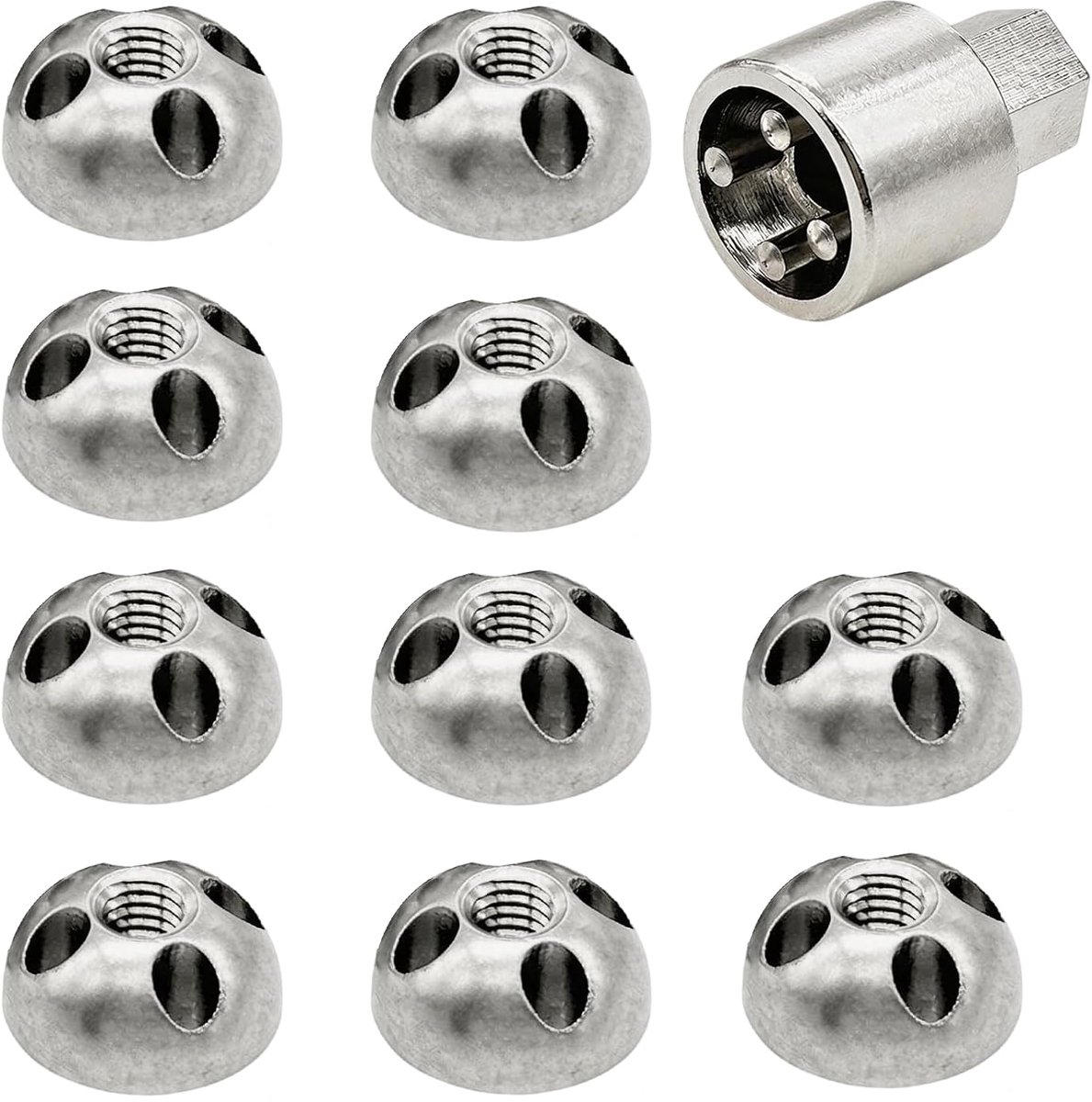 10 stuks M8 x 1,25 mm antidiefstalmoeren met 1 speciale sleutel, veiligheidsmoer met 4 gaten van roestvrij staal voor bagagedrager, houders voor bewakingscamera's of zonnepanelen