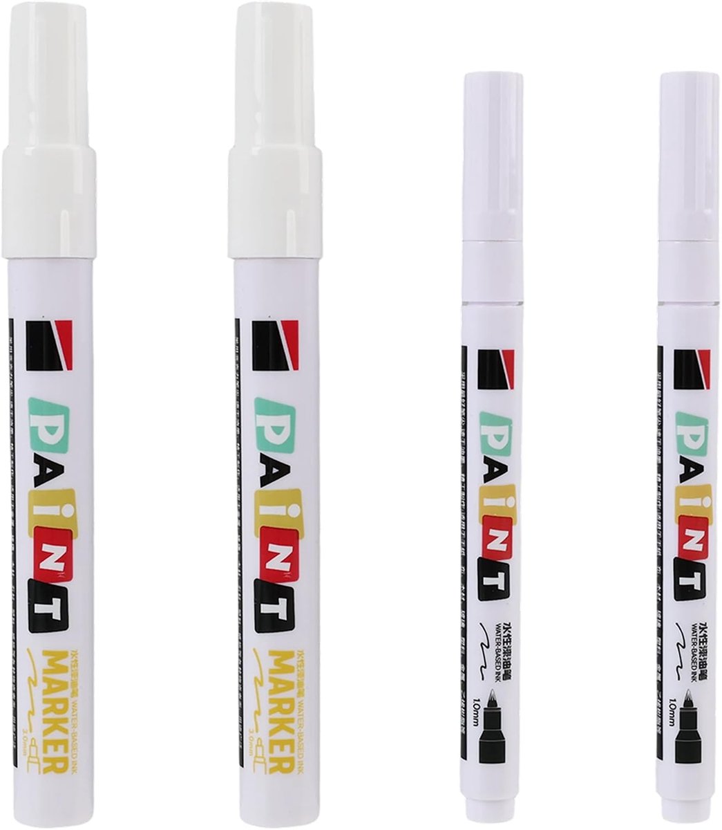Wit, waterdicht, 4 stuks, fijne punt 1 mm en 3 mm dik, grote capaciteit voor autobanden, motorfiets, fiets, glas, metaal, rubber, keramiek