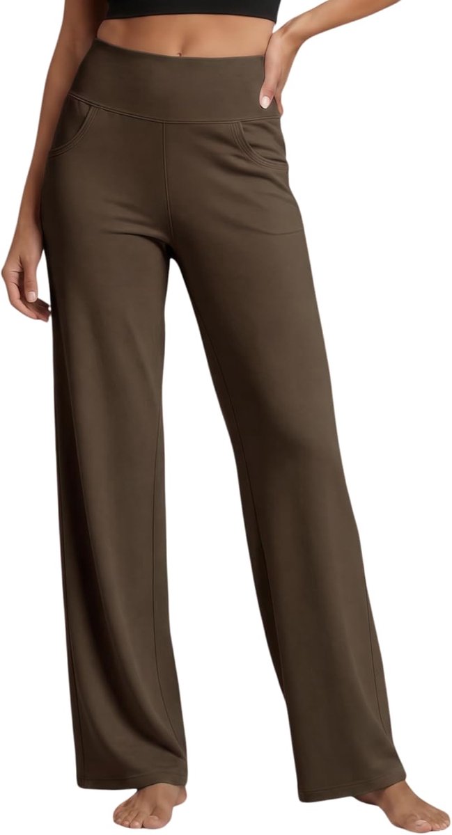 Yogabroek voor dames, wijde pijpen, damesbroek met zakken, elegante stoffen broek en uitlopende broek voor yoga, vrije tijd en kantoor