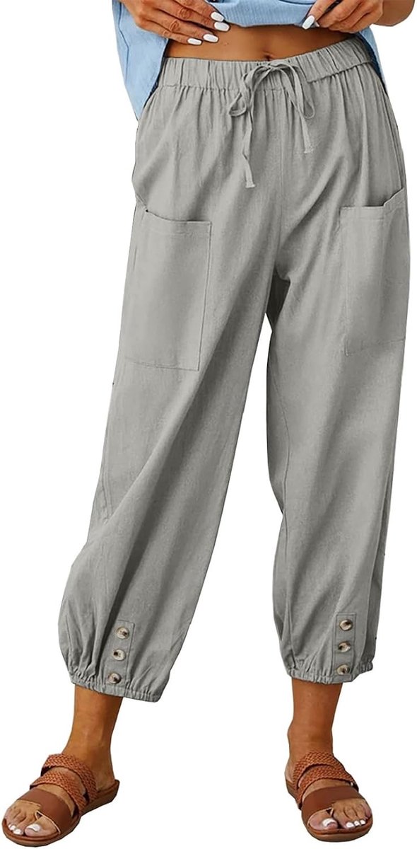 Zomerbroek voor dames, linnen broek met 7/8 knoopdetails, casual broek, verstelbaar trekkoord, brede broek, zijzakken en riem, trekkoord, lichte broek voor dames, comfortabel, elegant