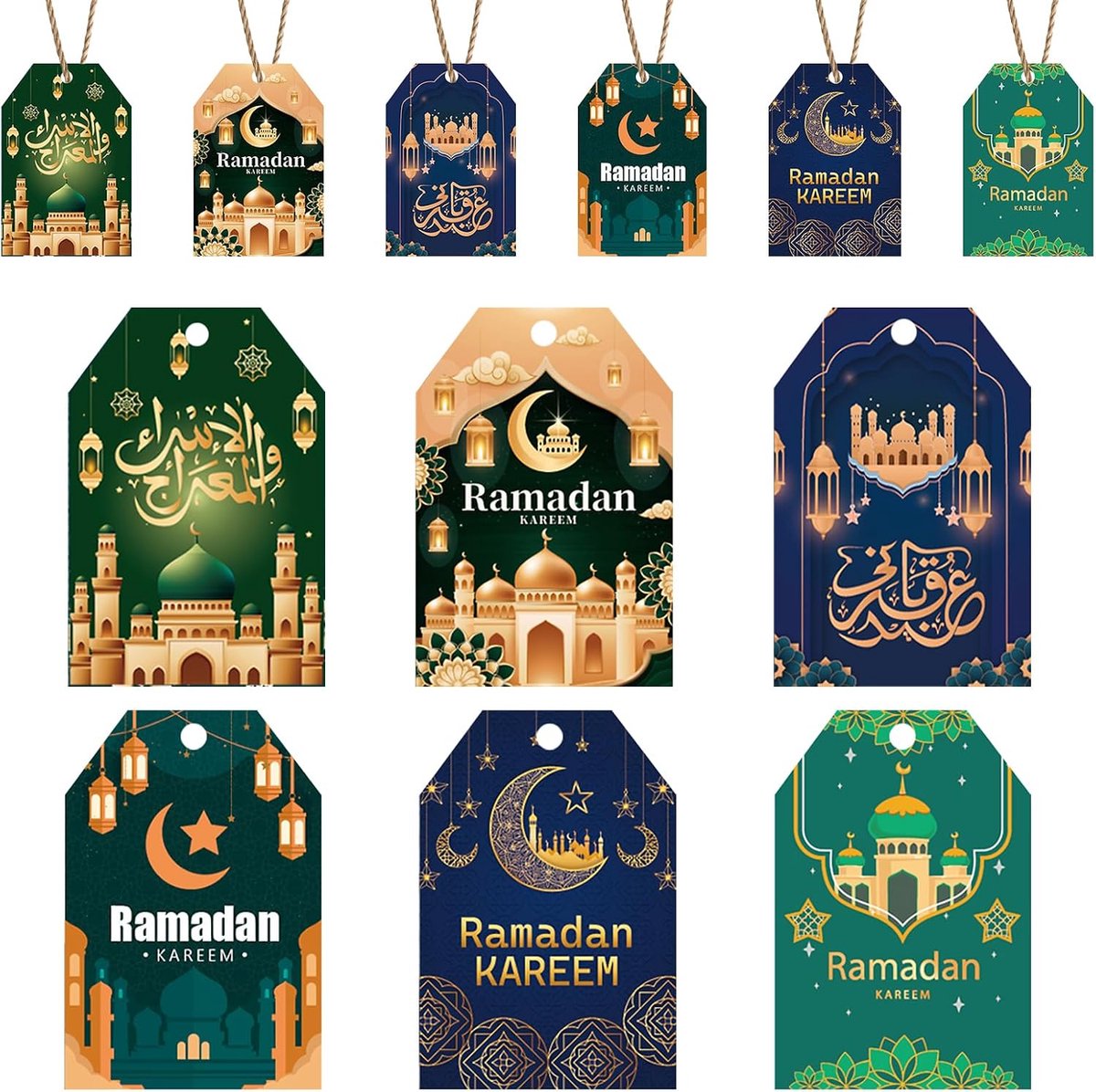 Mubarak cadeaulabels 48 stuks, Ramadan Kareem tags met koord, Ramadan Mubarak Moon Castle papieren etiketten voor Eid islamitische moslim partij gunsten cadeautjes inpakken