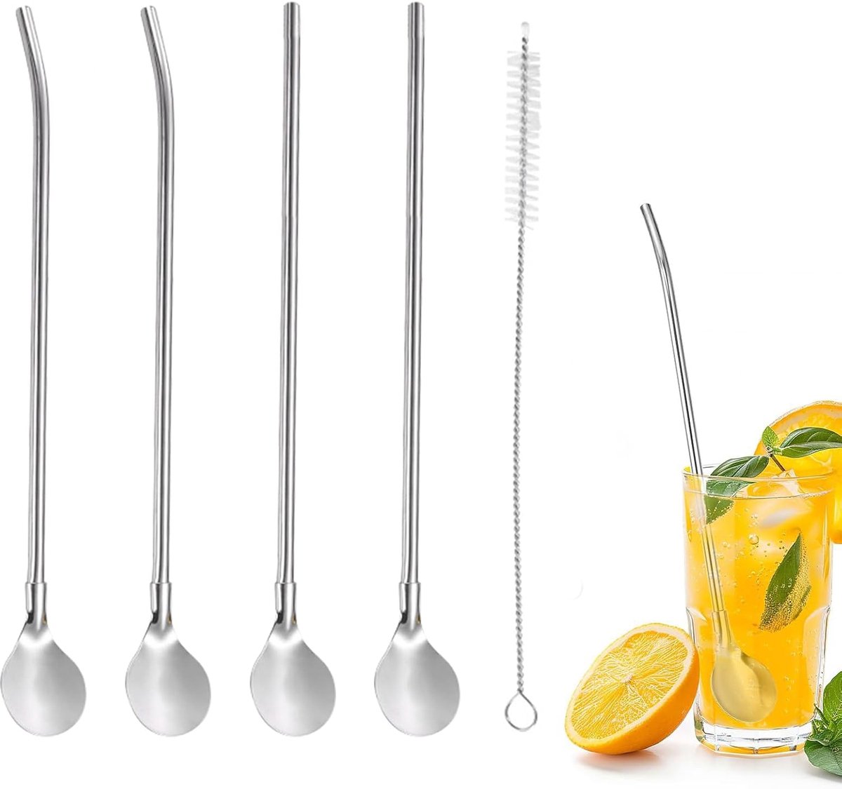 4 stuks roestvrijstalen rietjes, lange rietjes met 1 reinigingsborstel, lepelrietjes, herbruikbare lepelrietjes, metalen lepelrietjes, rietje voor smoothies, milkshakes, cocktails, koffie (zilver)