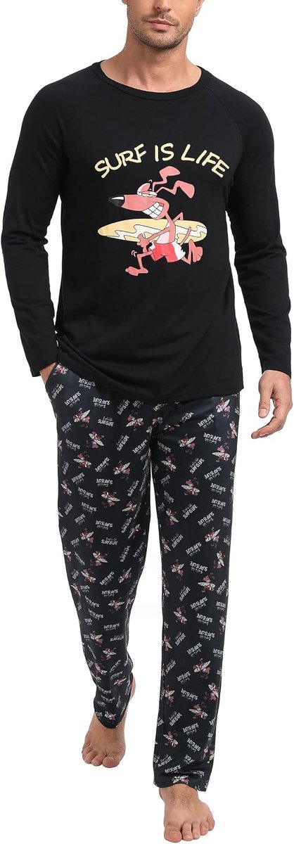 Pyjamaset voor heren, katoen, pyjamaset met print, lange pyjama voor heren met lange mouwen, winter, nachtkleding, tweedelige pyjama en broek met zakken, S-XXL