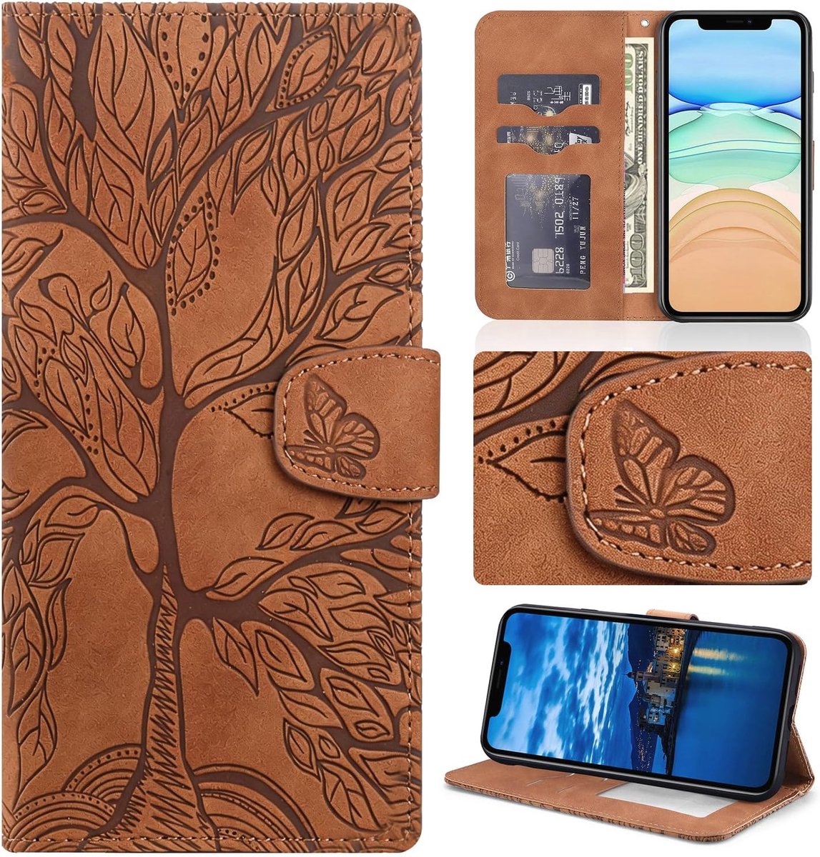 Hoes voor mobiele telefoon voor Samsung Galaxy A22 5G, boompatroon, lederen telefoonhoes, portefeuille, klaphoes, etui, portefeuille, flip case, beschermhoesje met TPU binnenkant, schaal, kaartenvakken, opstelfunctie, bruin