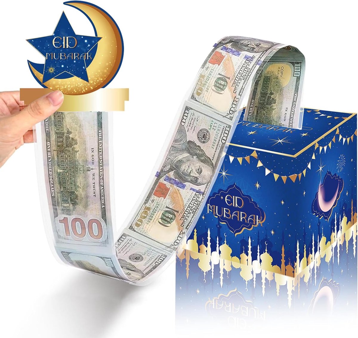 Mubarak Geldbox voor Contante Cadeaus, Grappige Trek Geld uit Geldkist voor Ramadan Verrassing, Nieuwigheid DIY Ster Maan Lantaarns Kastelen Geldlade voor Islamitische Moslim Al-Fitr