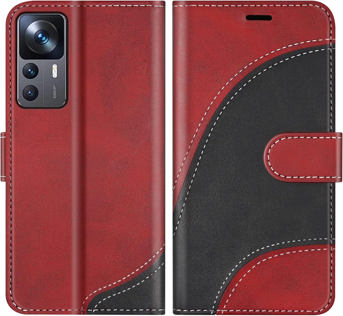 Hoesje voor Xiaomi MI 12T, PU Lederen Bookcase Portemonnee Beschermhoes Telefoonhoesjes, Flip Case Beschermhoesje voor Xiaomi MI 12T Pro, Rood