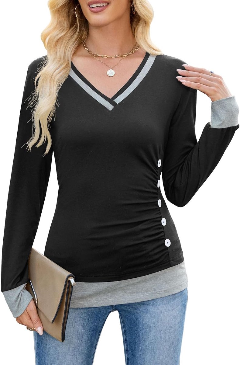 Mouwen Tops Vrouwen Dressy Casual Dames V-hals Trui Kleurblok Shirt Blouse Geplooide Slanke Top