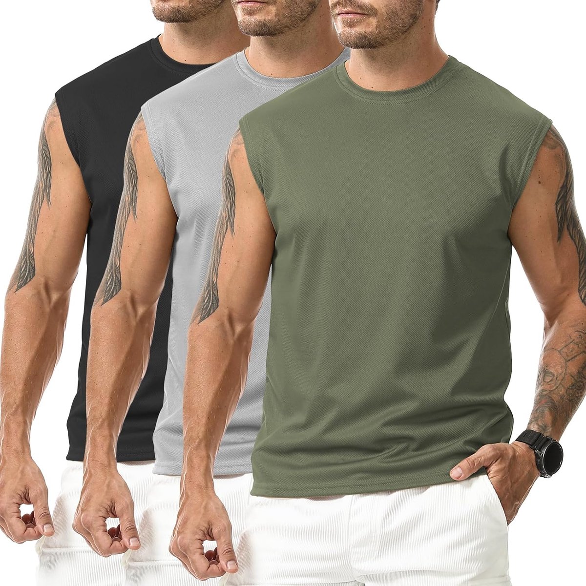 Set van 3 mannen Running Workout Mouwloze Tank Top Gym Training Mouwloze T-shirts Fitness Atletische Dry Vesten Tops