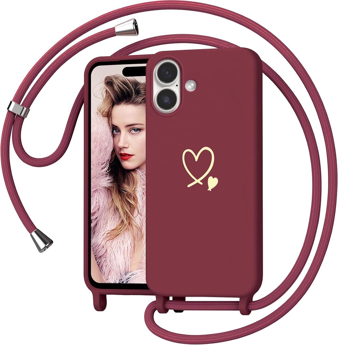 Telefoonhoesje met koord voor iPhone 16, hartdesign, halsketting, telefoonhoes om te hangen, stootvaste beschermhoes met ketting, zachte TPU vloeibare siliconen hoes, rood