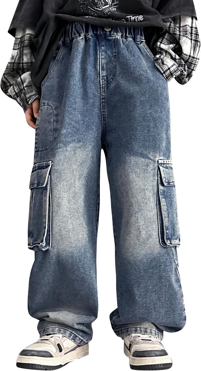 Jeans voor jongens, cargobroek, wijde pijpen, joggingbroek met meerdere zakken, elastische taille, denim broek voor tieners en kinderen