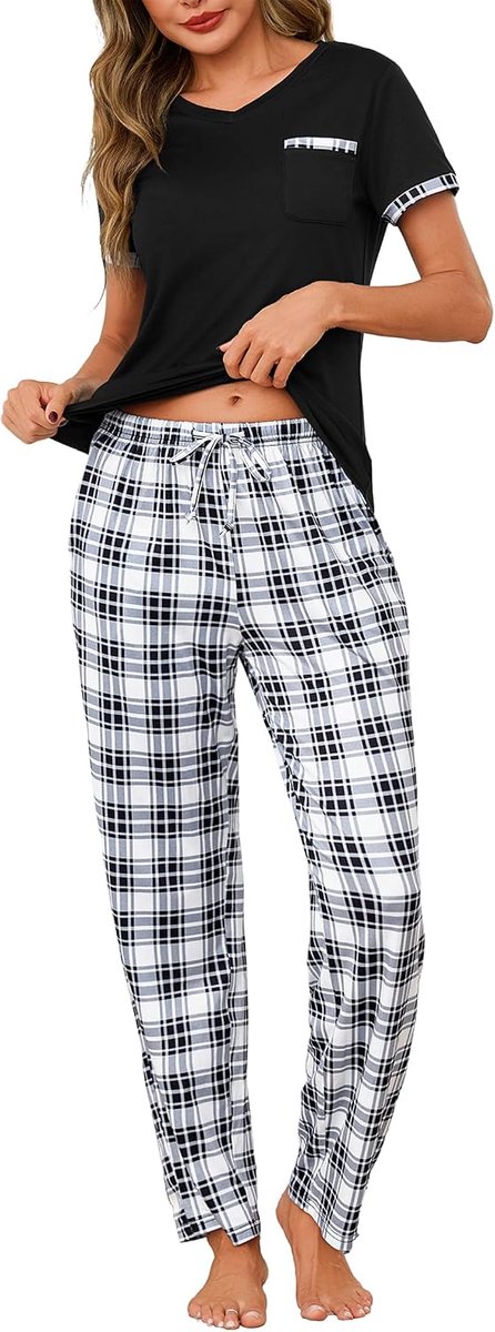 Pyjama voor dames, korte mouwen, geruite slaapbroek, lange pyjama, dames, zomer, pyjama's voor dames, nachtkleding, vrouwen, pyjama's