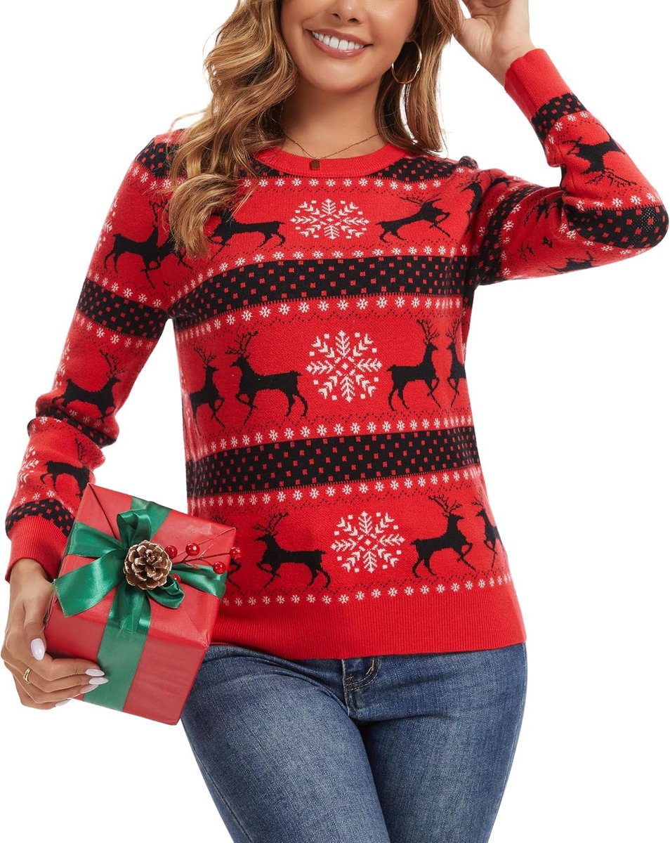 Kersttruien voor dames, feestelijke trui met ronde hals, lange mouwen, trui voor de winter