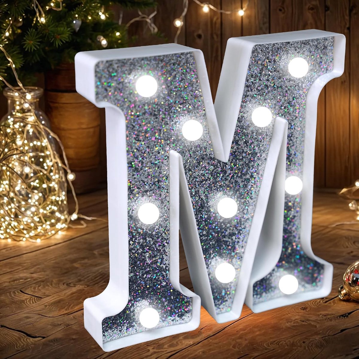 Letterverlichting, oplichtend zilveren glitter letters teken batterij-aangedreven nachtlampje voor verjaardagsfeestje bruiloft woondecoratie babyborrel-M