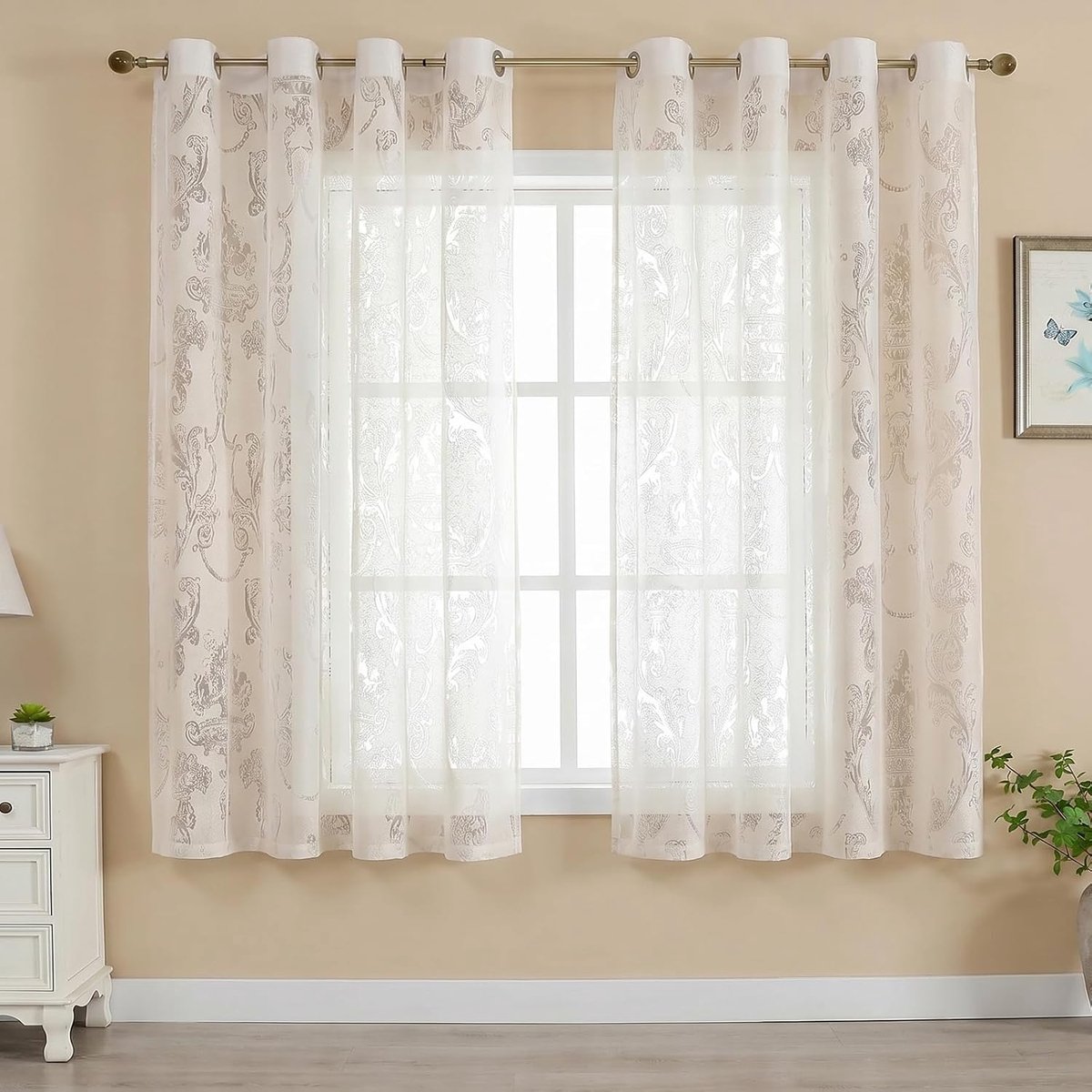 Vitragegordijnen, damastpatroon, 4 cm ringen, 2 stuks, 132 x 160 cm