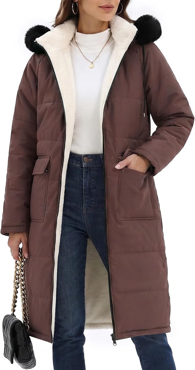 Heekpek Winterjas voor dames, lange winterjas, fleece gevoerd, warme jas, waterafstotend, herfst, winter, parka, winterjassen, outdoor, donsjas, winddichte parka met afneembare capuchon