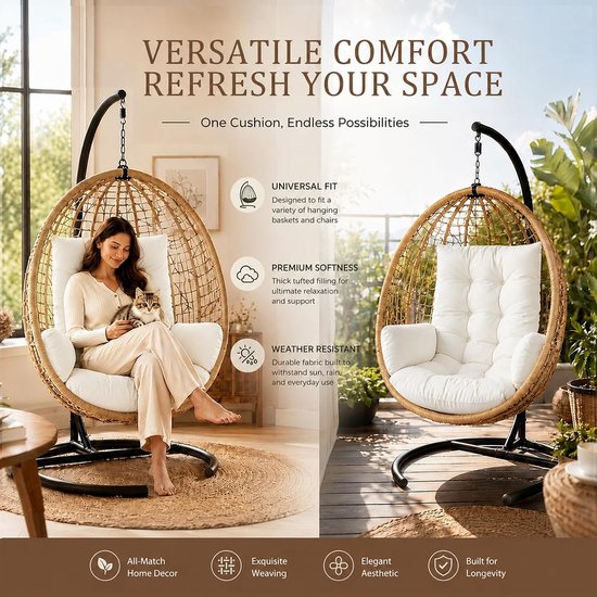 Gevoerd kussen voor hangstoel, outdoor, waterdicht kussen voor hangstoel, tuin en terras (wit) — afbeelding 3