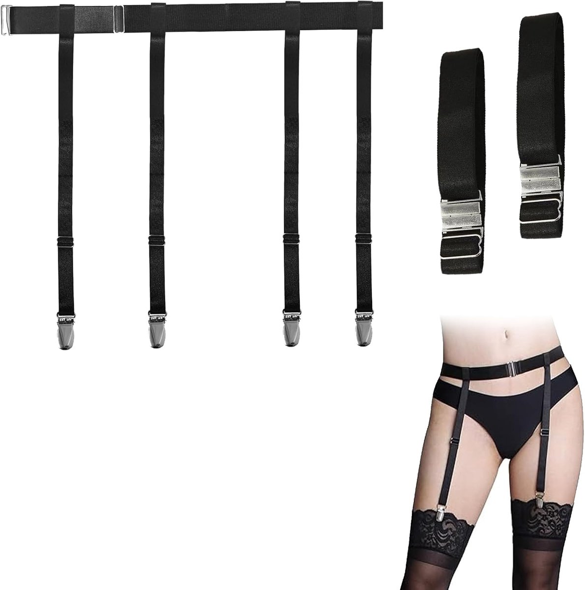 Jarretelgordel zwart met 4 verstelbare banden en 2 extra elastische banden, jarretelhouder met metalen clips voor dijhoge kousen, elegante kousenriem