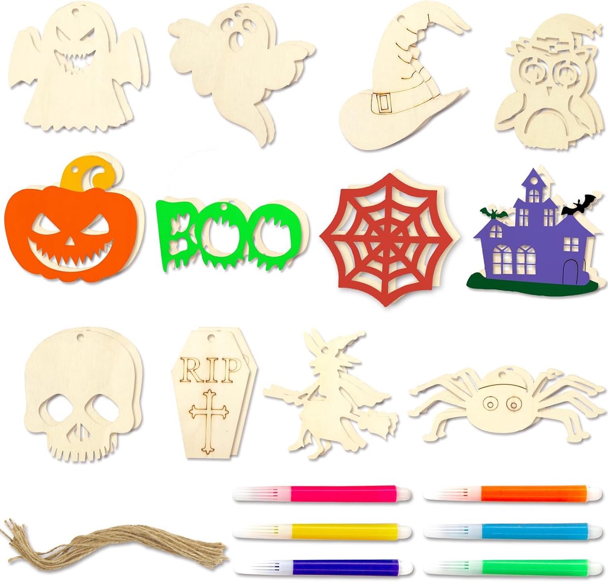 24 stuks Halloween knutselset voor kinderen, 12 stijlen, houten knutselset, met 24 snoeren en 6 kleurpotloden, houten schijven, houten hangers, voor Halloween, doe-het-zelf, herfsttijd,