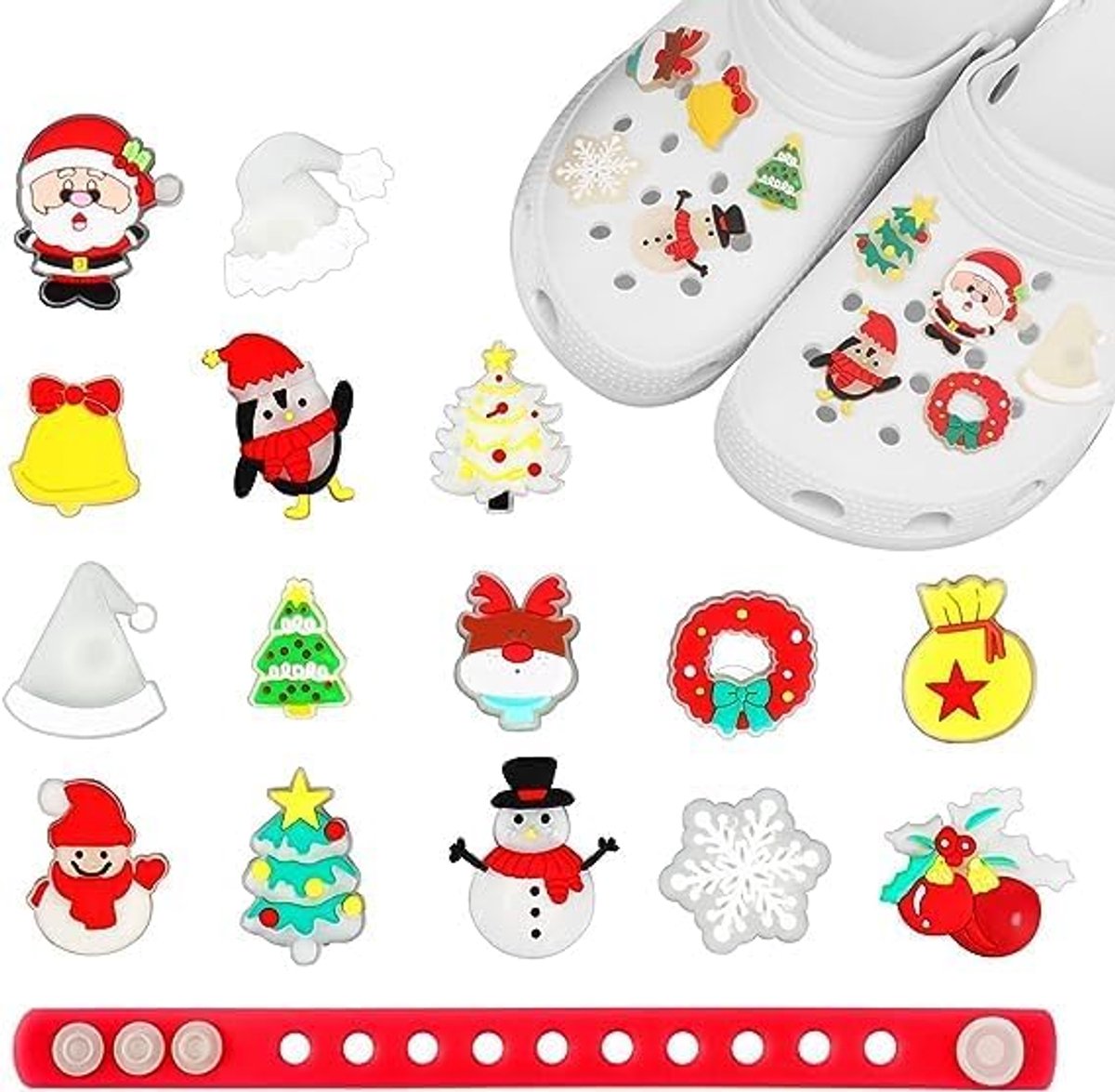 Bedels met armband, kerstmis thema schoenbedels voor Crocs, sandalen met klompen, kerstman, eland, bel, pvc, klomp, bedels, feestcadeau voor jongens, meisjes, kinderen