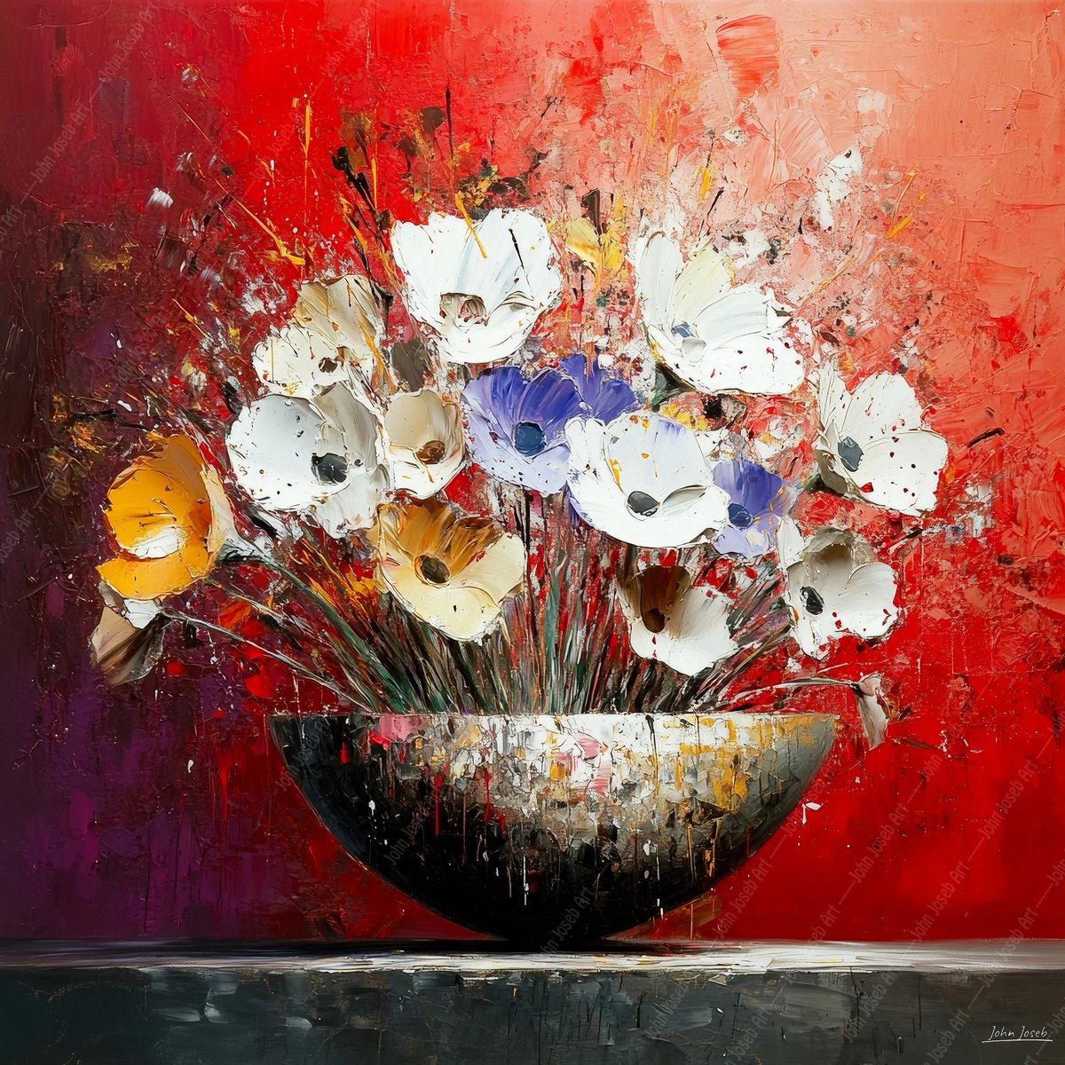 John Joseb Art (Aluminium) 60x60 | Bloemen in een schaal, kleurrijk, abstract, grunge stijl, stilleven, kunst | vierkant, bloem, rood, wit, blauw, bruin, woonkamer, modern | foto-schilderij op dibond, metaal wanddecoratie