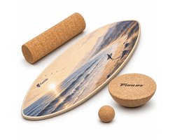 FunLife OCEAN BREEZE Balance Board set met kurkrol en 2 kurkopzetstukken – Balansbord van berkenhout voor core-, balans- en coördinatietraining