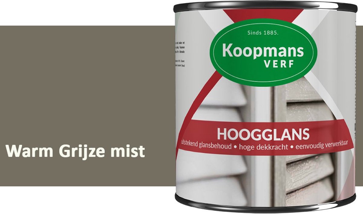 Koopmans Hoogglans Lakverf Binnen & Buiten – Voor Hout en Metaal – Krasvast – Hoge Dekkracht – Kozijnen, Deuren & Meubels – Warm Grijze mist – 750 ml