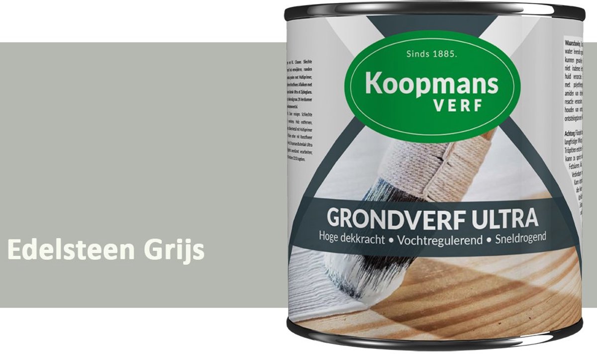 Koopmans Grondverf Ultra – Grondverf Hout & Metaal Binnen en Buiten – Vochtregulerende Primer – Hoge Dekking – Zijdeglans – Edelsteen Grijs – 750 ml