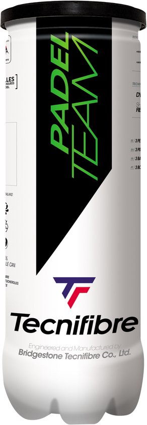 Witte blik met groene en zwarte "PADEL TEAM" tekst en "Tecnifibre" logo.