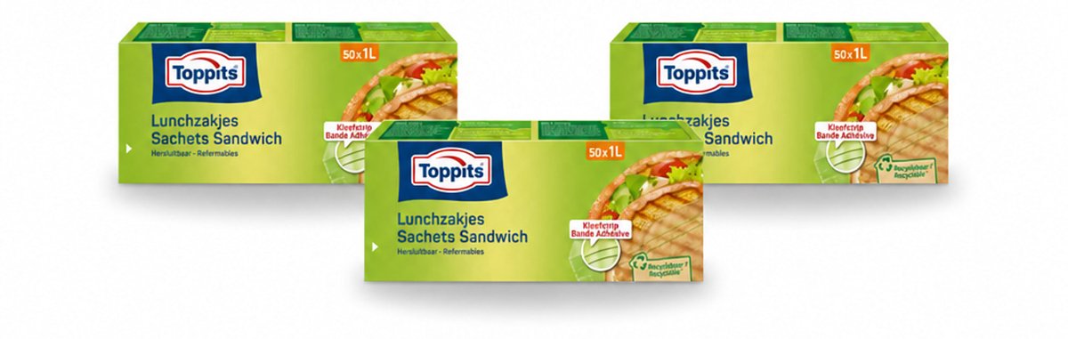 3 x Toppits – Lunchzakjes – Hersluitbaar – 1 Liter – 50 Zakjes - Voordeelverpakking - 3 stuks