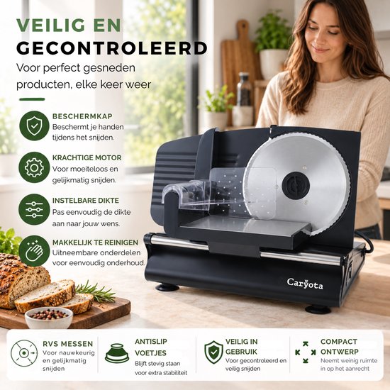 Caryota Snijmachine - Vleessnijmachine & Broodsnijmachine - 2 RVS Messen - 220W - 1-15 mm - Zwart van Caryota — afbeelding 2