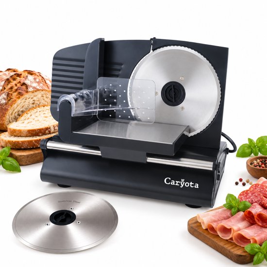 Zwarte Caryota snijmachine met RVS mes, brood, ham en salami