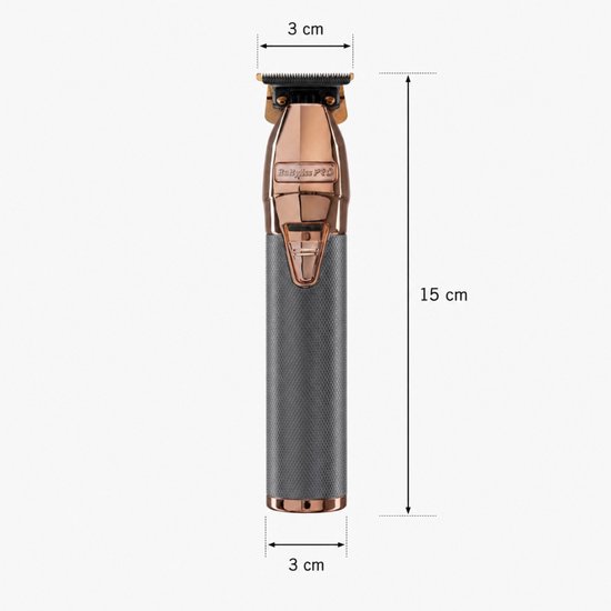 Rosegouden BaBylissPRO trimmer met grijze handgreep, 15 cm lang en 3 cm breed.