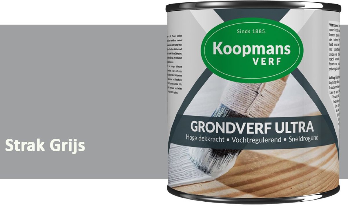 Koopmans Grondverf Ultra – Grondverf Hout & Metaal Binnen en Buiten – Vochtregulerende Primer – Hoge Dekking – Zijdeglans – Strak Grijs – 750 ml