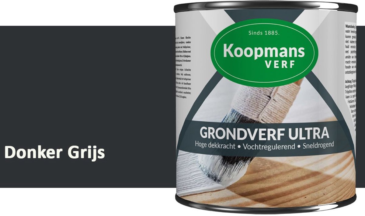 Koopmans Grondverf Ultra – Grondverf Hout & Metaal Binnen en Buiten – Vochtregulerende Primer – Hoge Dekking – Zijdeglans – Donker Grijs – 375 ml