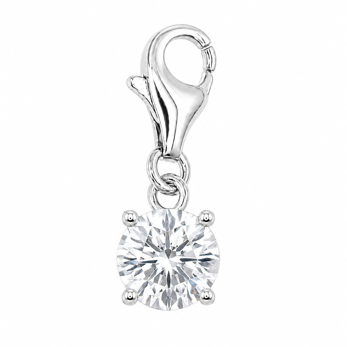 925 Sterling Zilveren Bedel met Zirkonia – Ronde Fonkelende Steen – Bedeltje met Karabijnsluiting – Voor Armband of Ketting