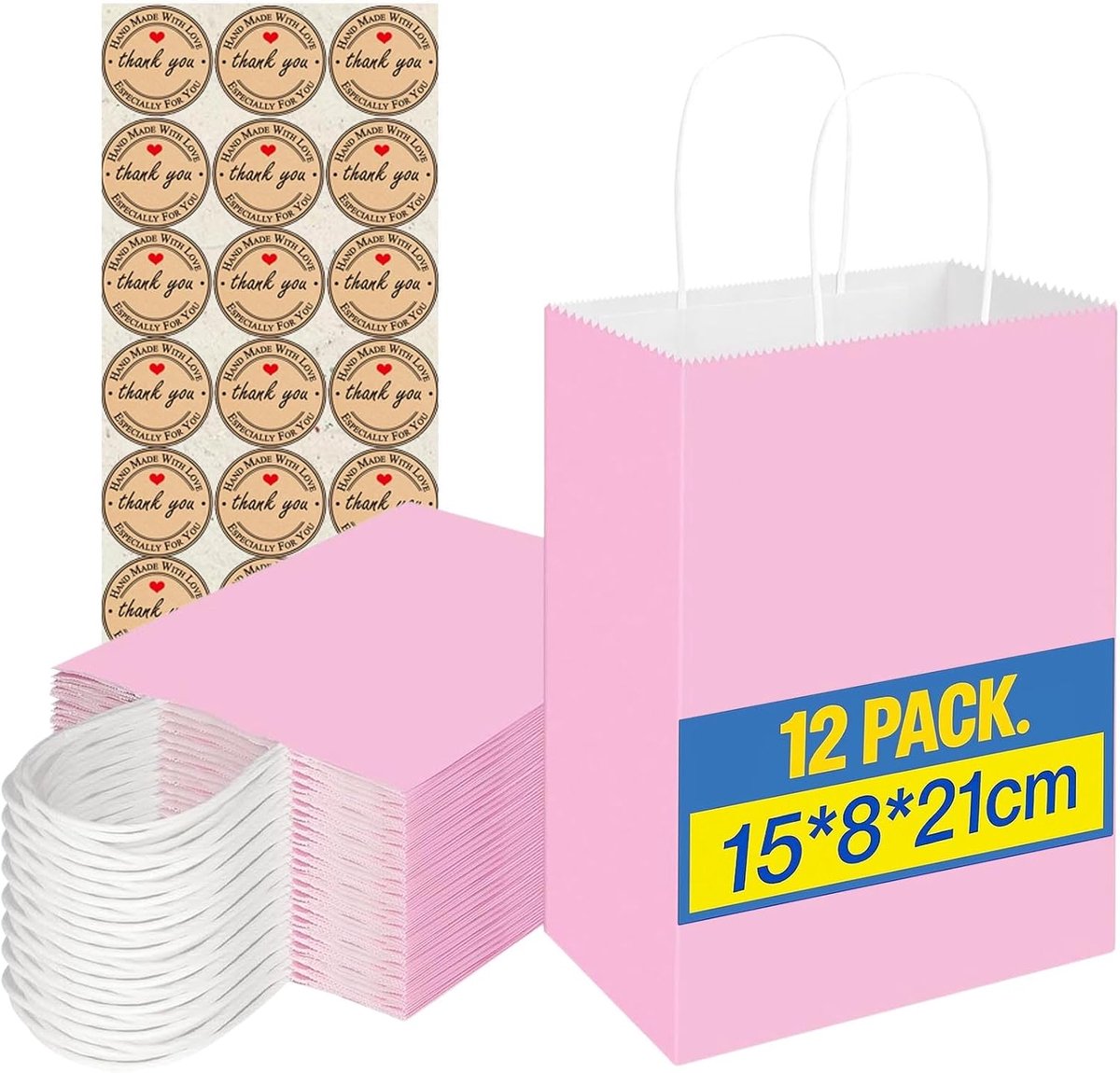 Cadeauzakjes met handvat, kleine papieren zakken met stickers, 130 g/m² kraftpapieren zakken, feestzakjes voor winkelen, bruiloften, verpakkingen, feesten, verjaardagen, Kerstmis, Halloween (roze)