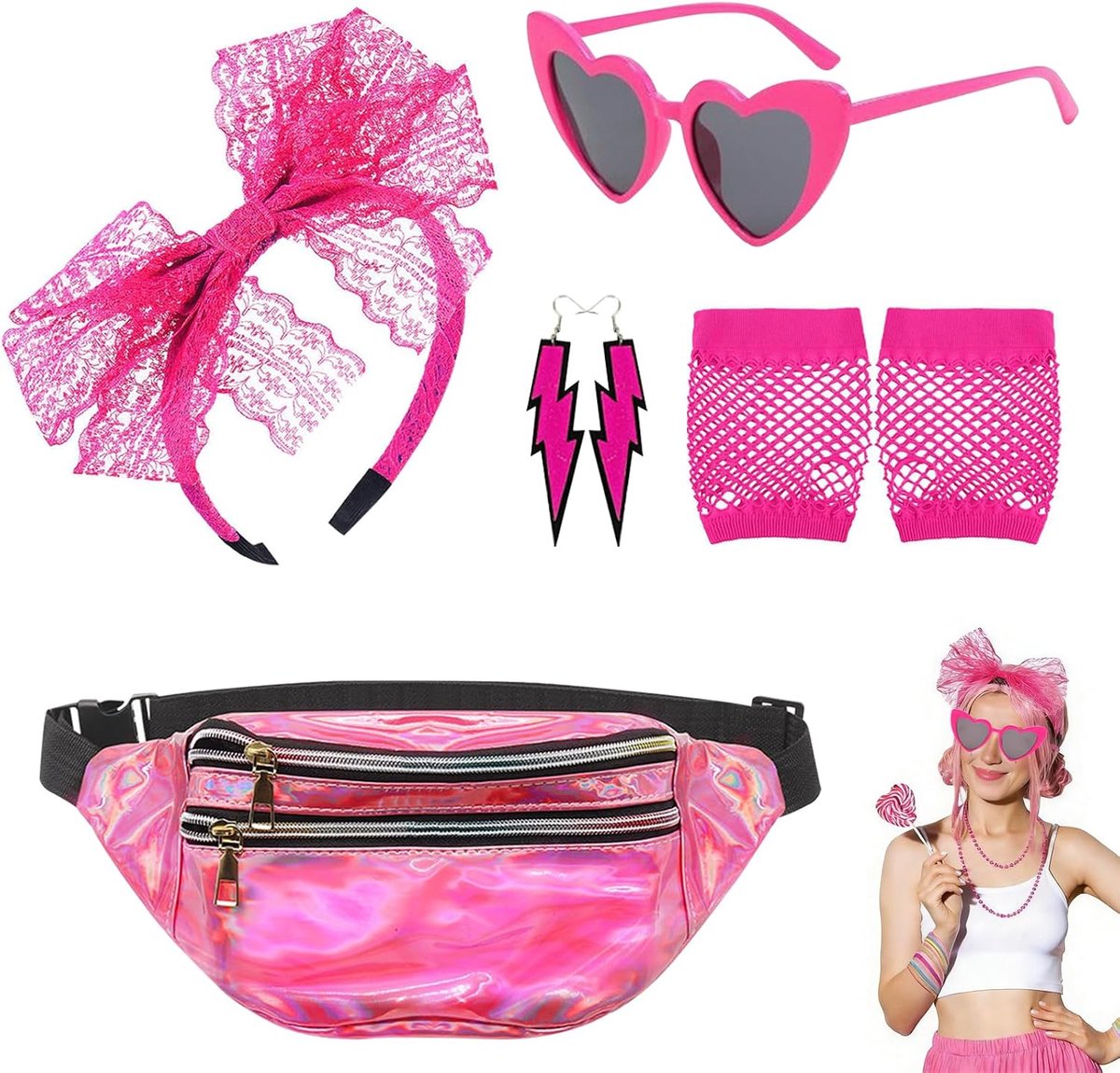 5-delig kostuum jaren 80, accessoires voor dames, modeaccessoires uit de jaren 80, disco, feestkostuums met retro thema van de jaren 80, heuptas, bril, neonhandschoenen, carnaval, neonroze