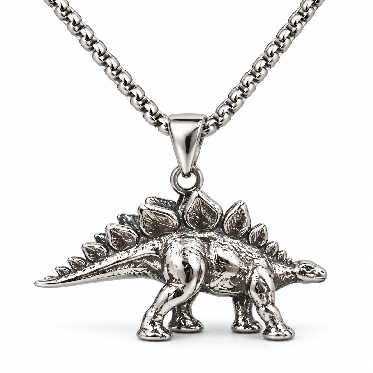 Mitear Stegosaurus Ketting – Stainless Steel – Zilverkleurige 3D Dinosaurus Hanger – Fantasy Sieraad