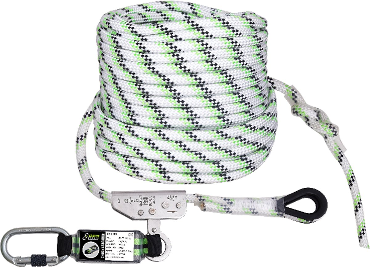 Kratos Veiligheidslijn met vaste lijnklem RVS - Energie-absorber - Koord 12mm - Lengte 20 m