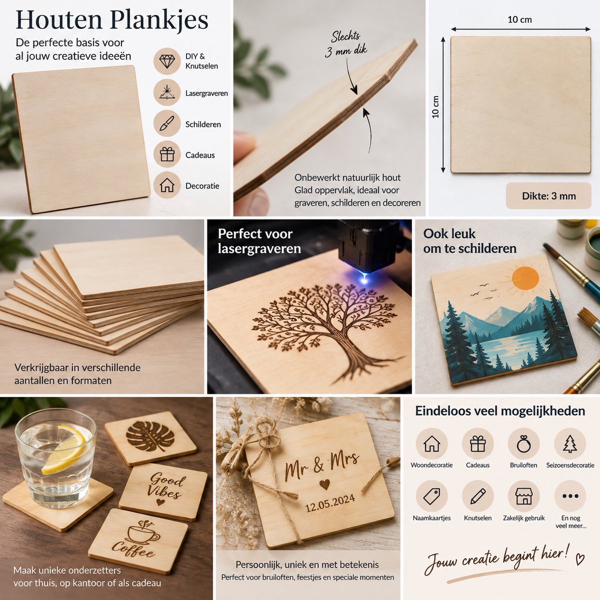 Onbewerkte Houten Plankjes – DIY Hout voor Lasergraveren & Knutselen – Houten Onderzetters – Blanco Hobbyplaatjes - 10 stuks - AliRose