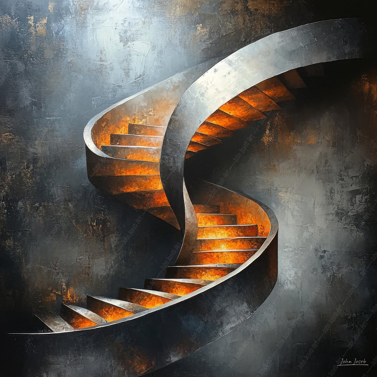 John Joseb Art (Aluminium) 100x100 | Trap, industrieel, surrealisme, metaal, aluminium, staal, abstract, kunst | vierkant, gebouw, oranje, roest, grijs,, modern | foto-schilderij op dibond, metaal wanddecoratie