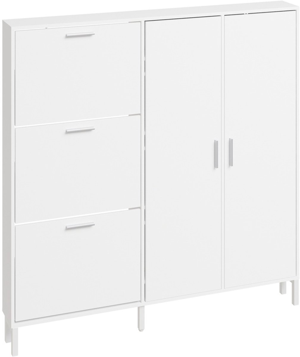 SoBuy Schoenenkast wit - Schoenenkast met 2 klapdeuren en 3 lades - Schoenenkast hout met 8 verstelbare planken en zilverkleurige handgrepen - Wit schoenenkastje | FSR231-W