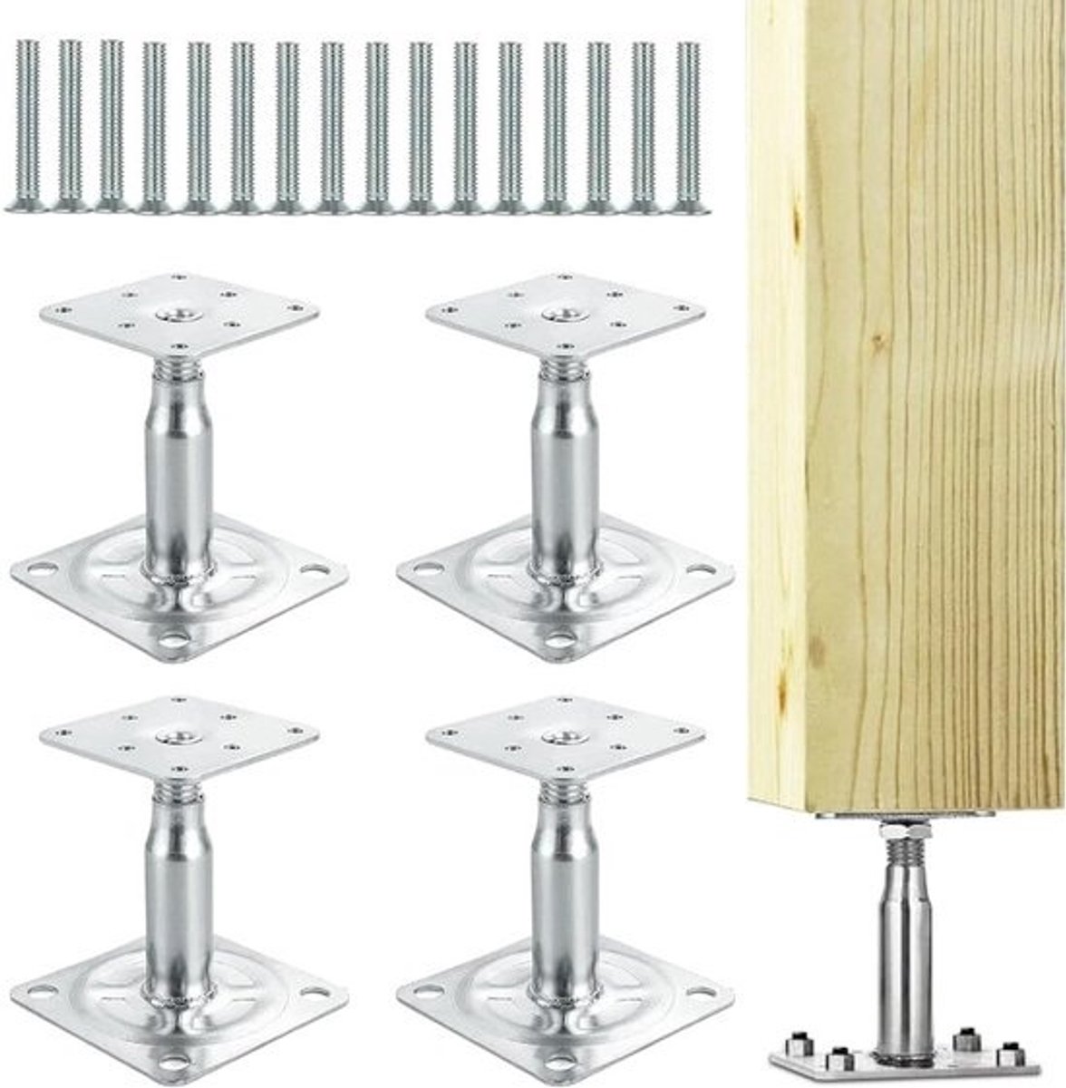 Verstelbare Poststeunen Set van 4 met 16 Schroeven - Hoogte 100-150 mm, Verzinkt Staal