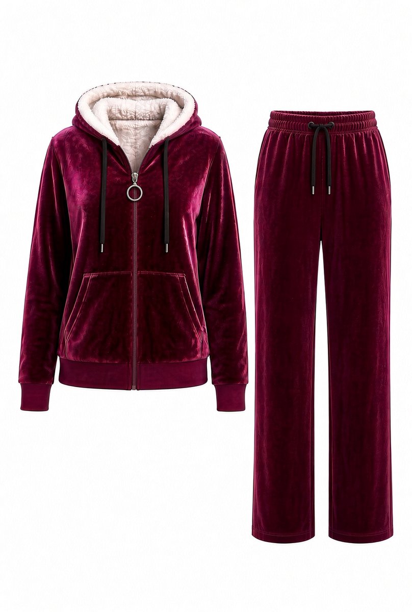 Huispak Dames Fleece - Hoodie en Straight leg broek - Teddy Capuchon - Magenta Velvet - Maat 38/40