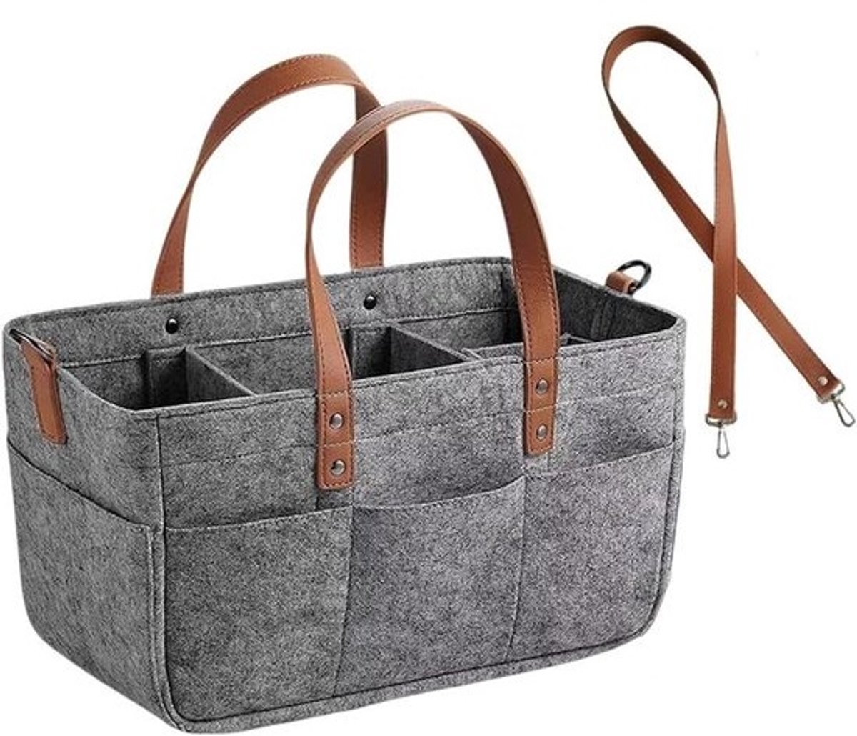 Grote vouwbare donkergrijze vilt shopper met compartimenten en schouderband