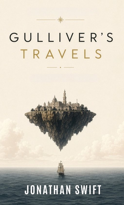 Boekomslag Gulliver's Travels van Jonathan Swift met een zwevend eiland boven een schip op zee.