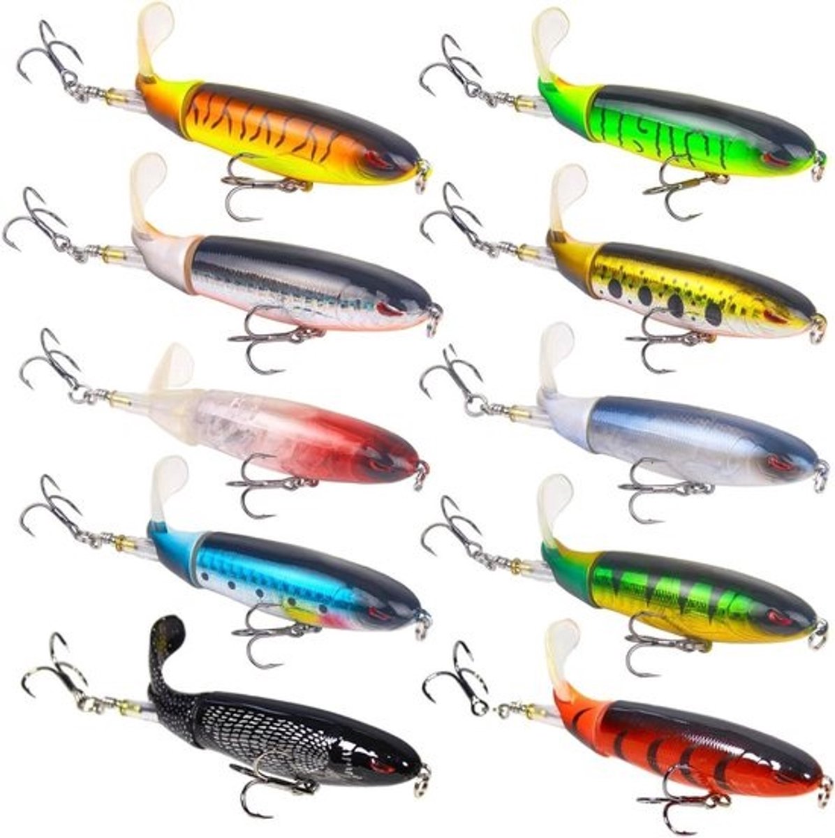 Set met 10 stuks kunstaas - Bass popper van 9 cm - Met draaitail - Voor zoet en zout water - 3 dreggen - Meerlagige reflecterende coating - Voor baars en snoek