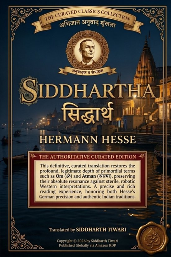 Boekomslag van 'Siddhartha' door Hermann Hesse, met een portret van de auteur, de titel in het Engels en Sanskriet, en een afbeelding van de heilige stad Varanasi.