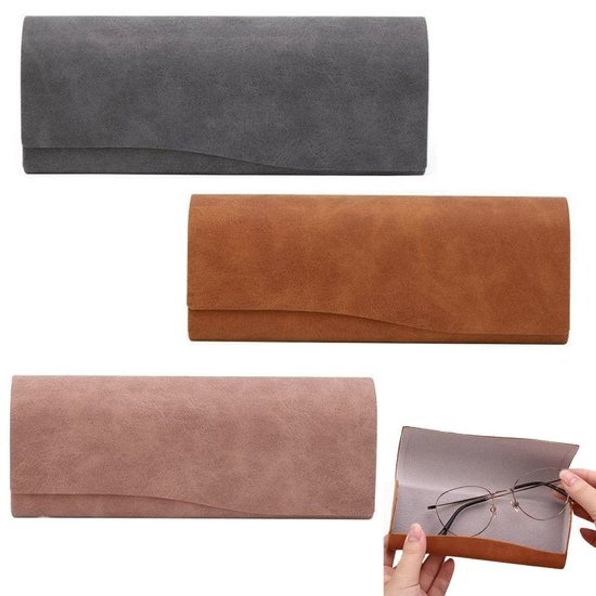 Dailygoods - 3 Stuks Brillenkokers van Leer met Magnetische Kliksluiting - Roze, Bruin, Grijs