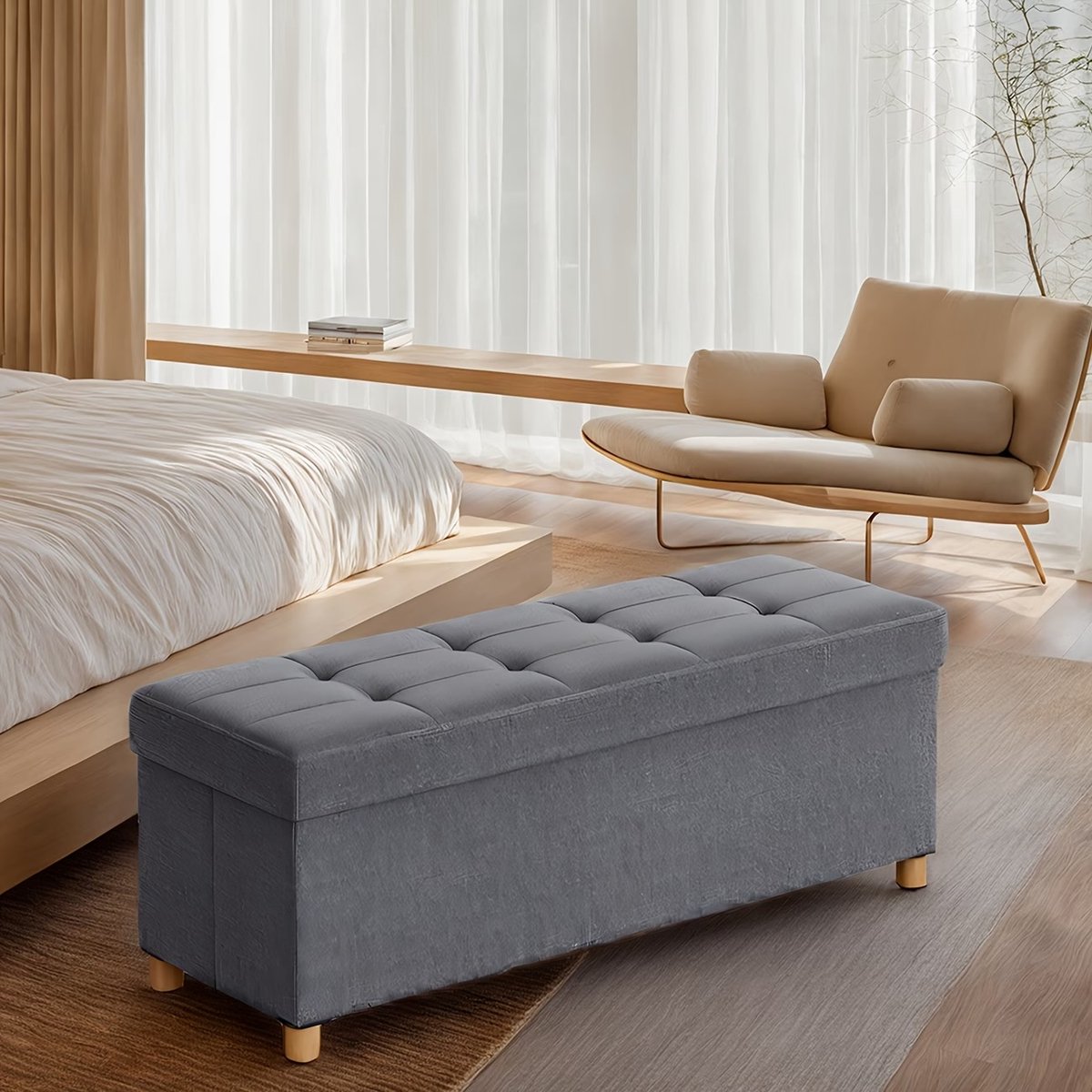 Inklapbare Opbergbank 110 cm – Opberg Poef - Opvouwbare Ottoman met Opbergruimte en Massief Houten Poten – Voetenbank voor Bed, Woonkamer, Slaapkamer en Entree